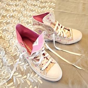 White Converse Size 7 High-Tops with Flowery Pattern and Pink Interior.